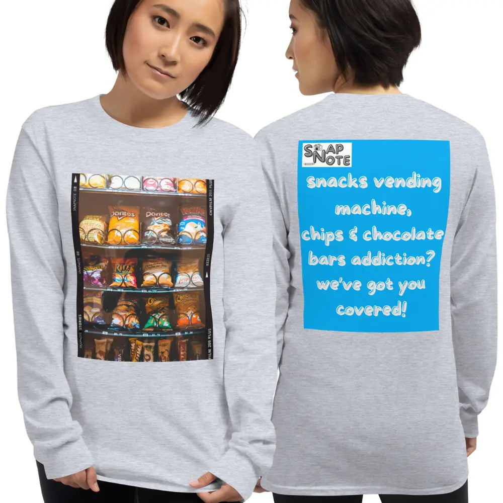 Woman supermodel wearing T-Shirt TShirt T Shirt Tee Men Women Teens Unisex Long Sleeves Heavy Cotton Crew Neck - snacks chips chocolate vending machine blue pattern - Sport-Grey - 44.90 - SnapNote streetwear