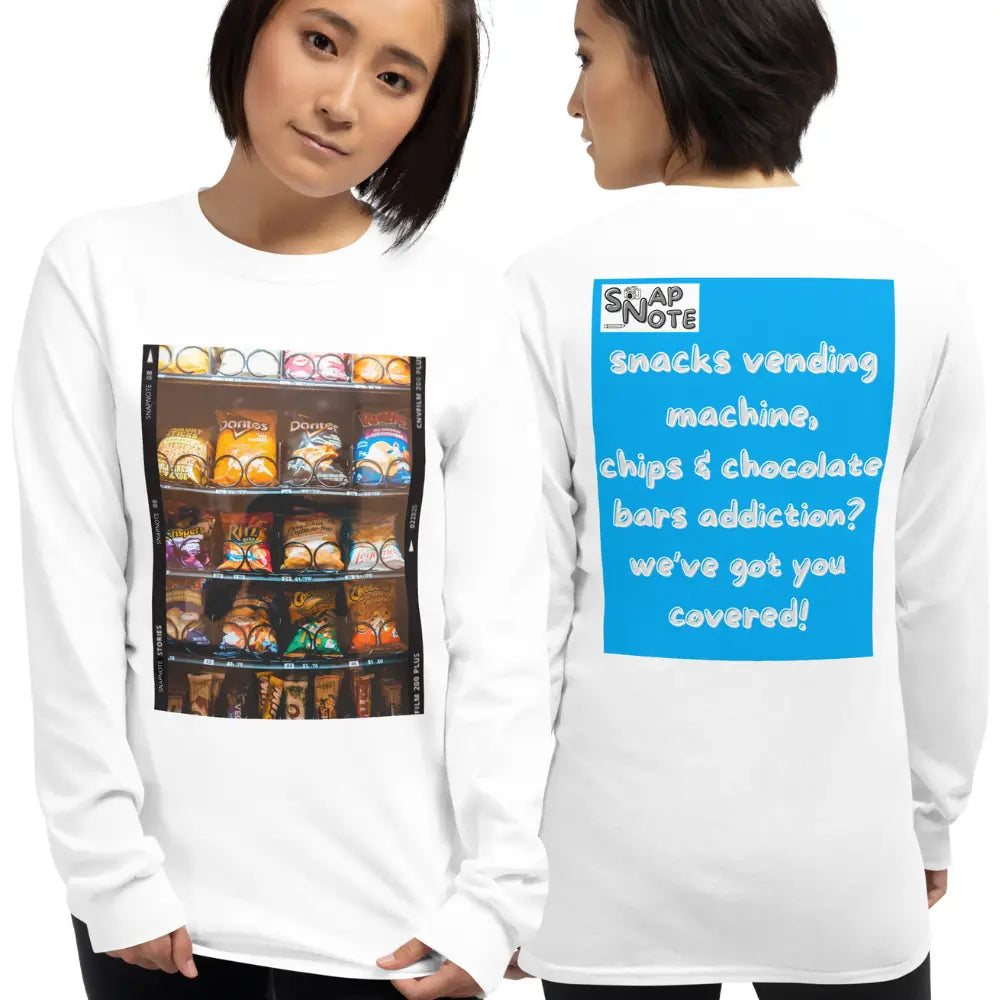 Woman supermodel wearing T-Shirt TShirt T Shirt Tee Men Women Teens Unisex Long Sleeves Heavy Cotton Crew Neck - snacks chips chocolate vending machine blue pattern - White - 44.90 - SnapNote streetwear