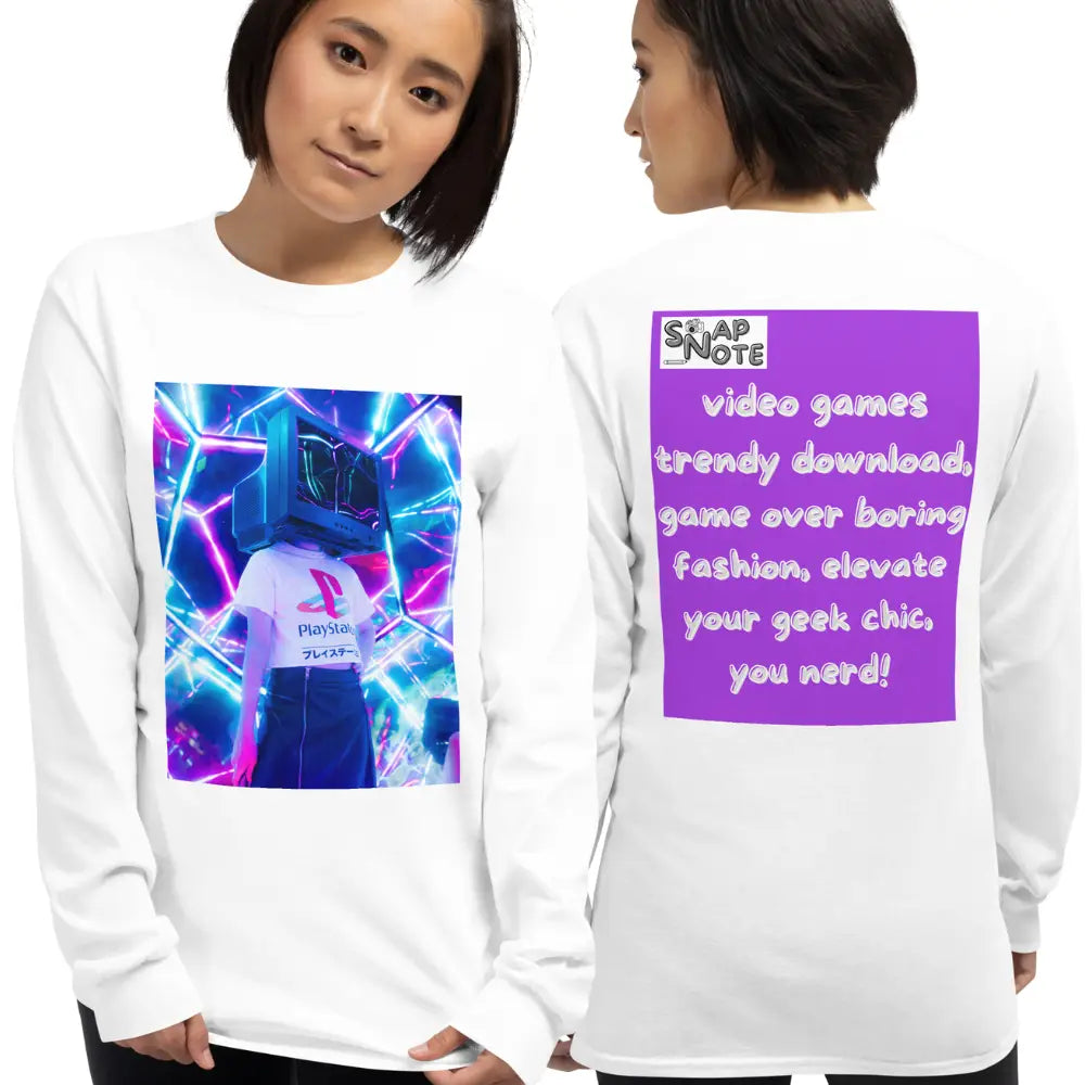 Woman supermodel wearing T-Shirt TShirt T Shirt Tee Men Women Teens Unisex Long Sleeves Heavy Cotton Crew Neck - video game geek player purple pattern - White - 44.90 - SnapNote streetwear