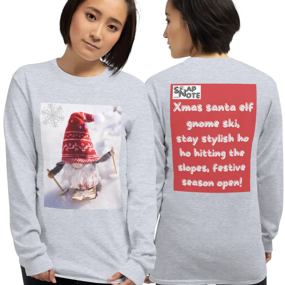 Woman supermodel wearing T-Shirt TShirt T Shirt Tee Men Women Teens Unisex Long Sleeves Heavy Cotton Crew Neck - xmas elf gnome snow ski red pattern - Sport-Grey - 44.90 - SnapNote streetwear