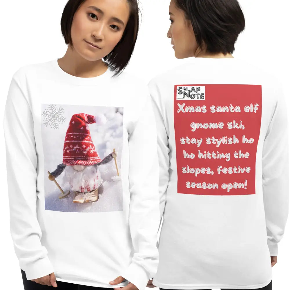 Woman supermodel wearing T-Shirt TShirt T Shirt Tee Men Women Teens Unisex Long Sleeves Heavy Cotton Crew Neck - xmas elf gnome snow ski red pattern - White - 44.90 - SnapNote streetwear