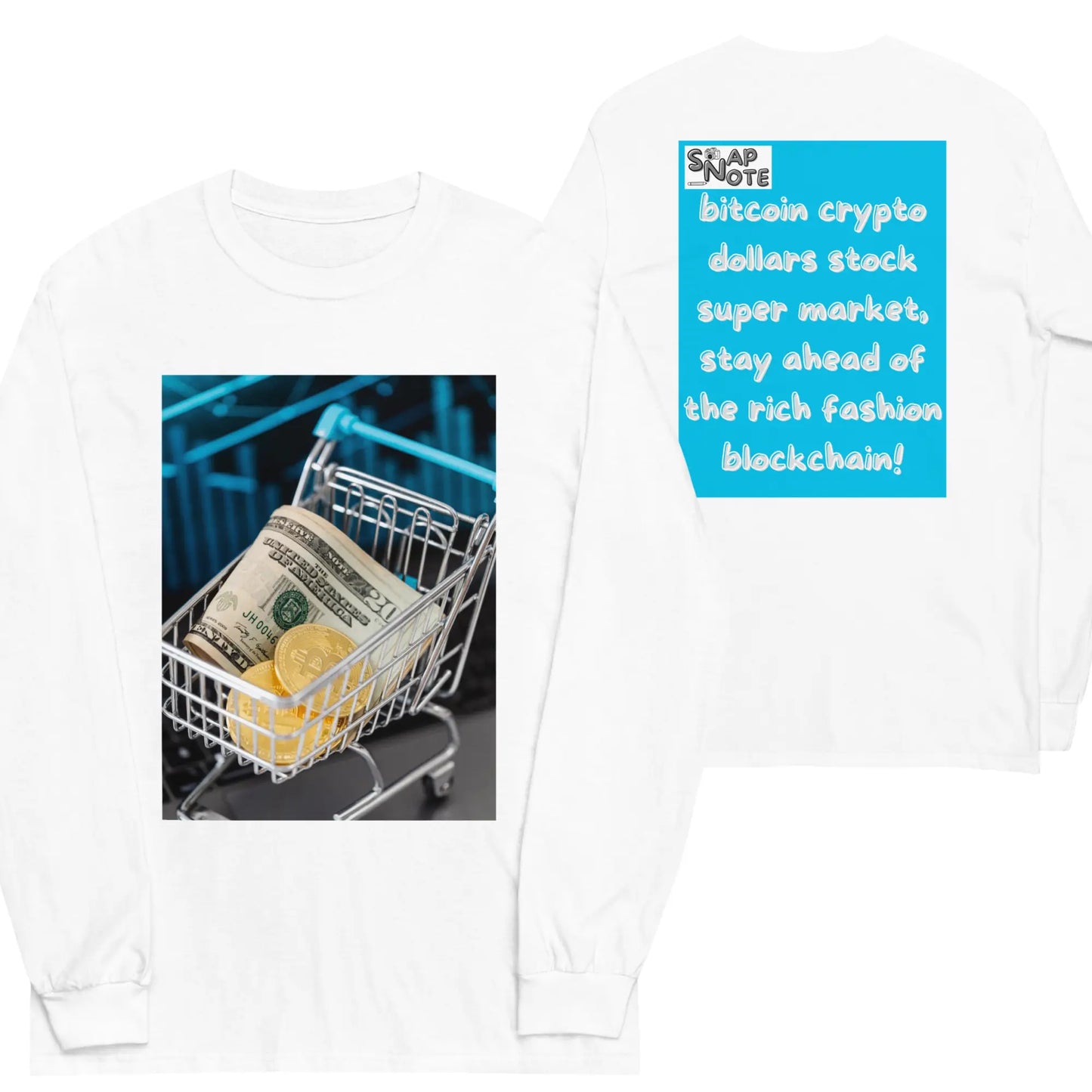 T-Shirt TShirt T Shirt Tee Men Women Teens Unisex Long Sleeves Heavy Cotton Crew Neck - bitcoin crypto dollars shopping cart blue pattern - White - 44.90 - SnapNote streetwear