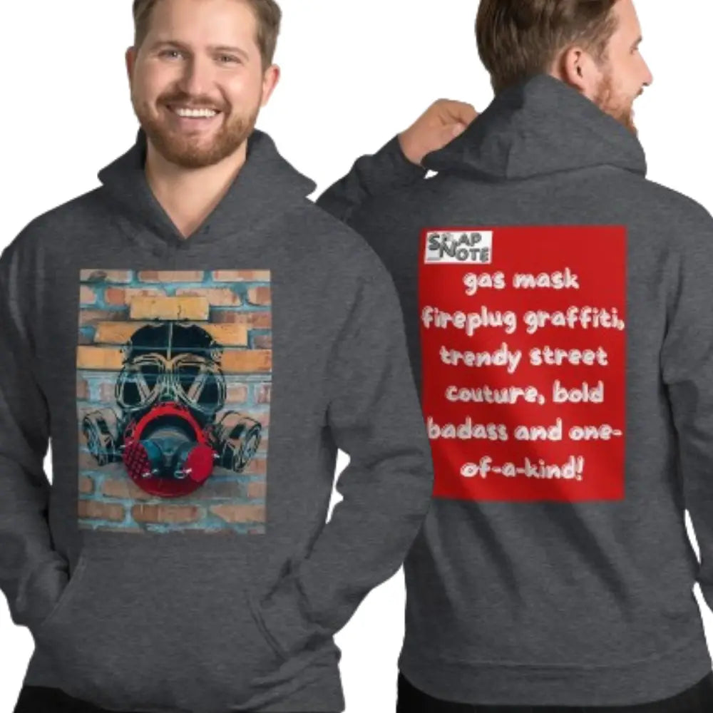 Man supermodel wearing Hoodie Hooded Sweatshirt Hooded Jersey Hooded Jumper Hooded Pullover Hooded Sweater Men Women Teens Unisex - badass gas mask graffiti red pattern - Dark-Heather - 74.90 - SnapNote streetwear