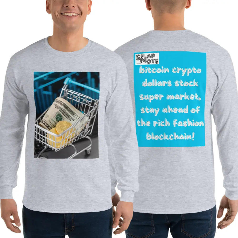 Man supermodel wearing T-Shirt TShirt T Shirt Tee Men Women Teens Unisex Long Sleeves Heavy Cotton Crew Neck - bitcoin crypto dollars shopping cart blue pattern - Sport-Grey - 44.90 - SnapNote streetwear