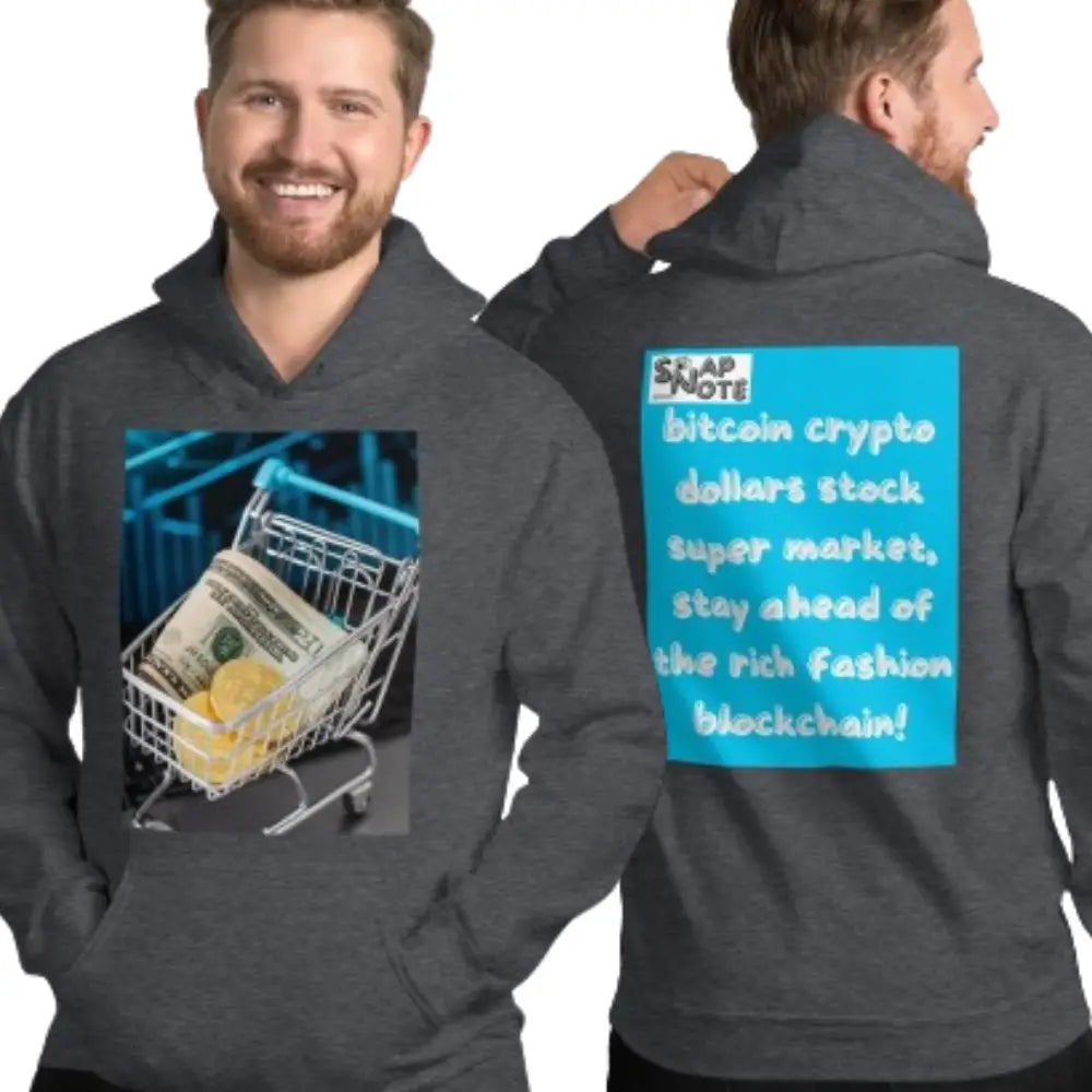 Man supermodel wearing Hoodie Hooded Sweatshirt Hooded Jersey Hooded Jumper Hooded Pullover Hooded Sweater Men Women Teens - bitcoin crypto dollars shopping blue pattern - Dark-Heather - 74.90 - SnapNote streetwear