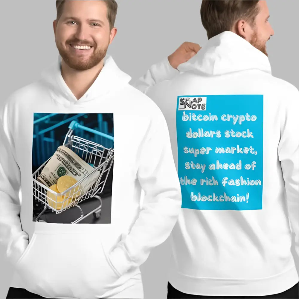 Man supermodel wearing Hoodie Hooded Sweatshirt Hooded Jersey Hooded Jumper Hooded Pullover Hooded Sweater Men Women Teens - bitcoin crypto dollars shopping blue pattern - White - 74.90 - SnapNote streetwear