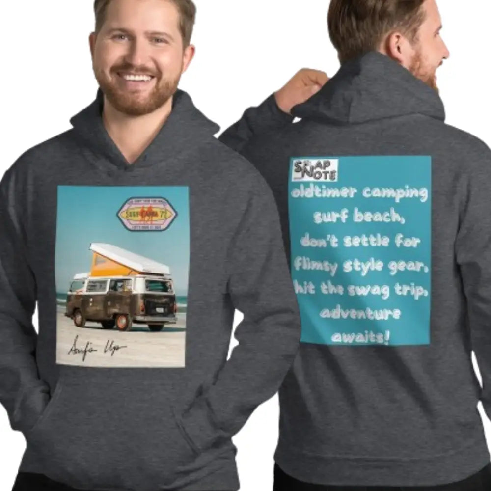 Man supermodel wearing Hoodie Hooded Sweatshirt Hooded Jersey Hooded Jumper Hooded Pullover Hooded Sweater Men Women Teens Unisex - vintage camping van surf blue pattern - Dark-Heather - 74.90 - SnapNote streetwear