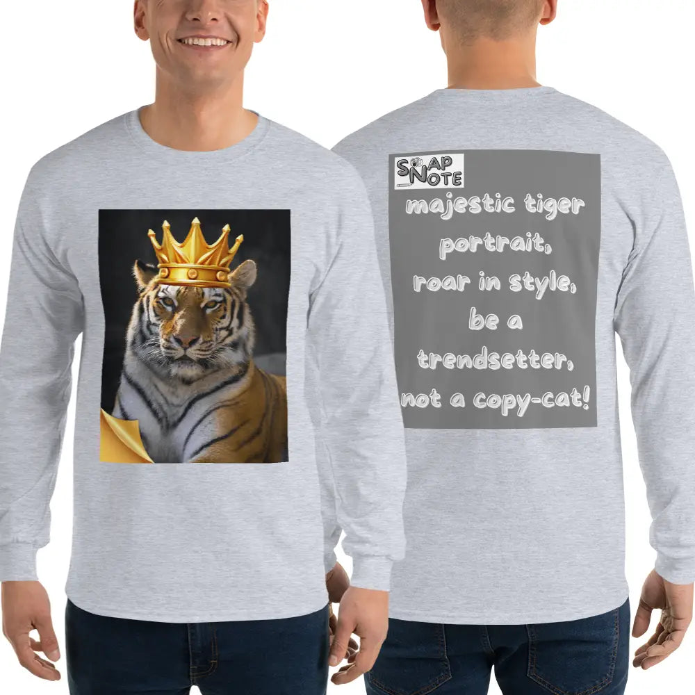 Man supermodel wearing T-Shirt TShirt T Shirt Tee Men Women Teens Unisex Long Sleeves Heavy Cotton Crew Neck - animal feline crown tiger grey pattern - Sport-Grey - 44.90 - SnapNote streetwear