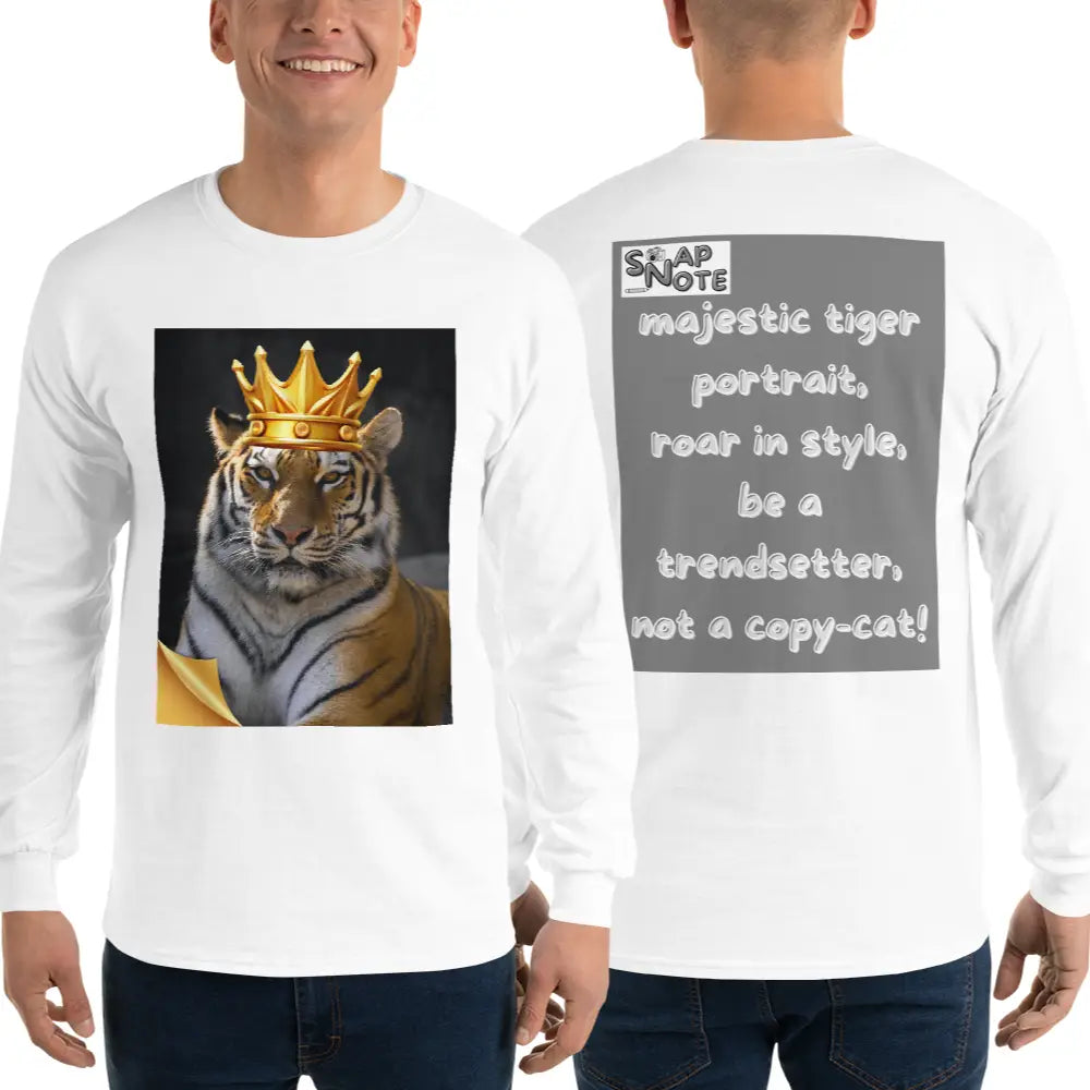 Man supermodel wearing T-Shirt TShirt T Shirt Tee Men Women Teens Unisex Long Sleeves Heavy Cotton Crew Neck - animal feline crown tiger grey pattern - White - 44.90 - SnapNote streetwear