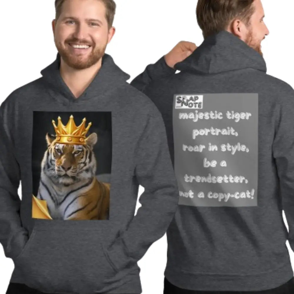 Man supermodel wearing Hoodie Hooded Sweatshirt Hooded Jersey Hooded Jumper Hooded Pullover Hooded Sweater Men Women Teens Unisex - animal feline crown tiger grey pattern - Dark-Heather - 74.90 - SnapNote streetwear