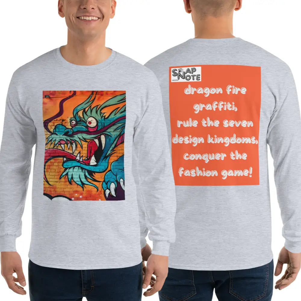 Man supermodel wearing T-Shirt TShirt T Shirt Tee Men Women Teens Unisex Long Sleeves Heavy Cotton Crew Neck - dragon science-fiction graffiti orange pattern - Sport-Grey - 44.90 - SnapNote streetwear