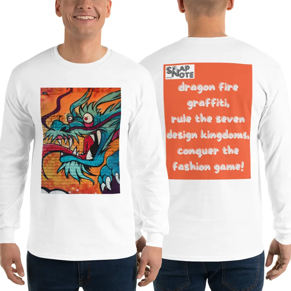 Man supermodel wearing T-Shirt TShirt T Shirt Tee Men Women Teens Unisex Long Sleeves Heavy Cotton Crew Neck - dragon science-fiction graffiti orange pattern - White - 44.90 - SnapNote streetwear