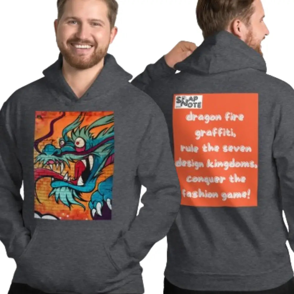 Man supermodel wearing Hoodie Hooded Sweatshirt Hooded Jersey Hooded Jumper Hooded Pullover Hooded Sweater Men Women Teens - dragon science-fiction graffiti orange pattern - Dark-Heather - 74.90 - SnapNote streetwear