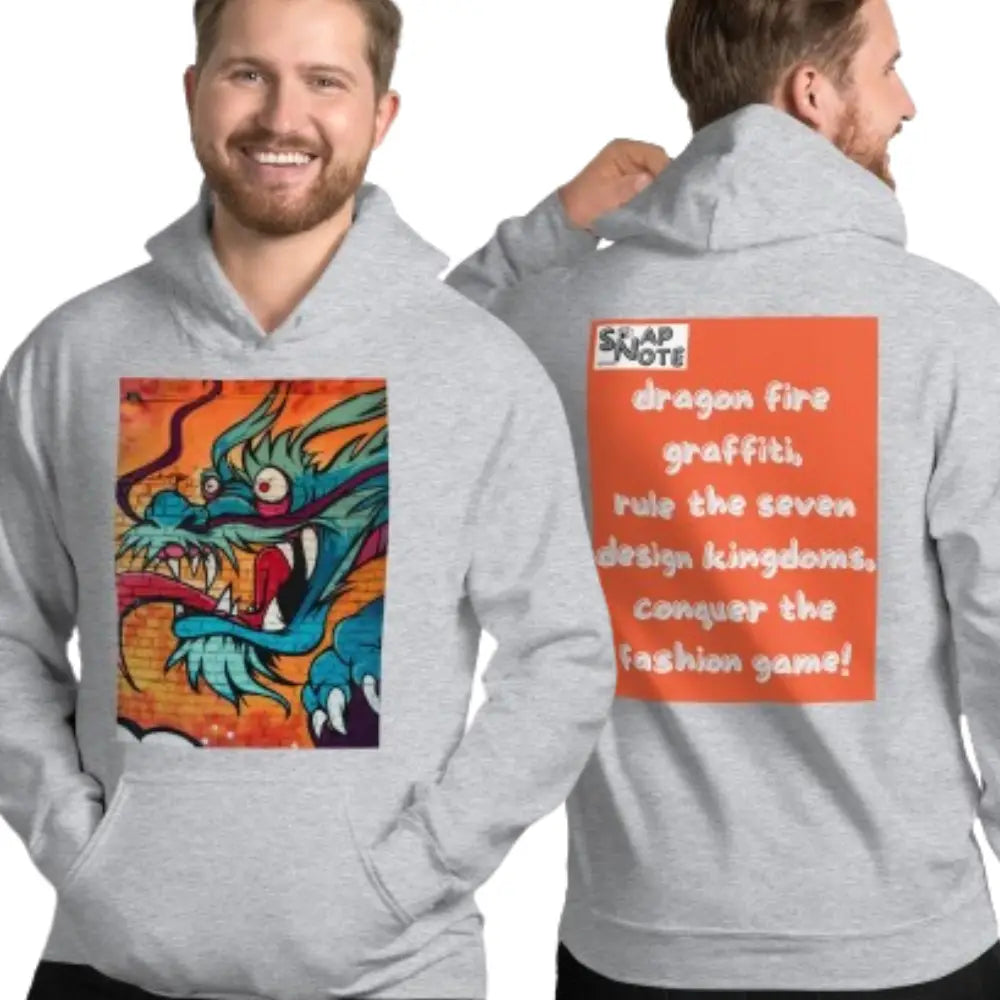 Man supermodel wearing Hoodie Hooded Sweatshirt Hooded Jersey Hooded Jumper Hooded Pullover Hooded Sweater Men Women Teens - dragon science-fiction graffiti orange pattern - Sport-Grey - 74.90 - SnapNote streetwear