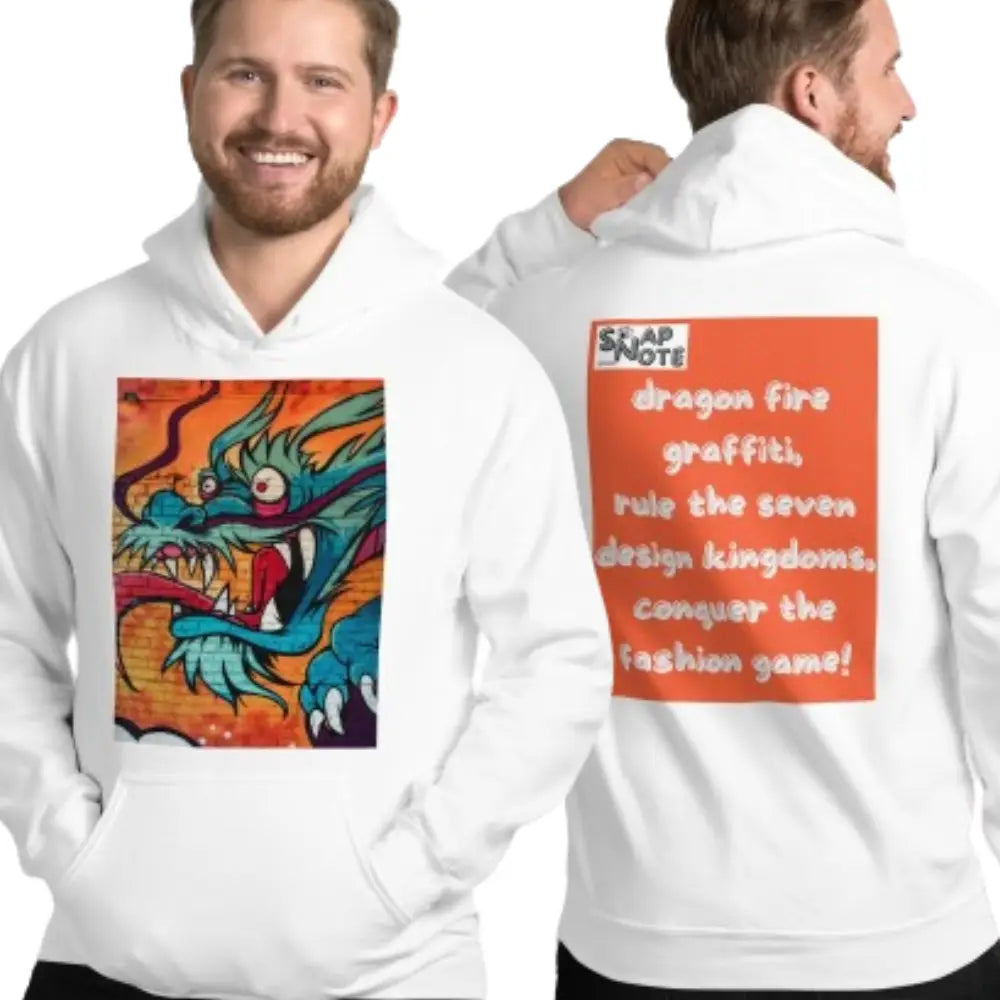 Man supermodel wearing Hoodie Hooded Sweatshirt Hooded Jersey Hooded Jumper Hooded Pullover Hooded Sweater Men Women Teens - dragon science-fiction graffiti orange pattern - White - 74.90 - SnapNote streetwear