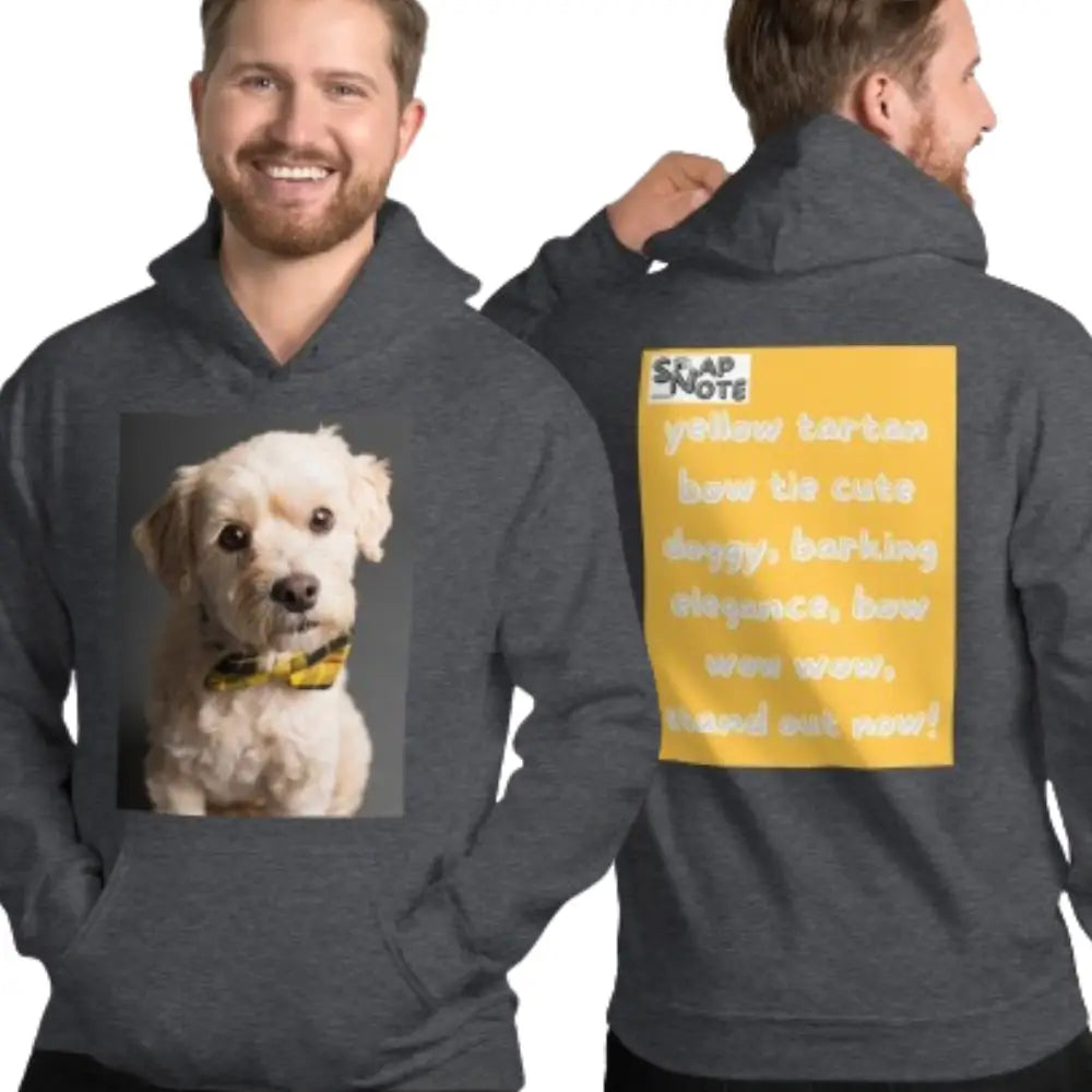 Man supermodel wearing Hoodie Hooded Sweatshirt Hooded Jersey Hooded Jumper Hooded Pullover Hooded Sweater Men Women Teens Unisex - animal pet elegant doggy yellow pattern - Dark-Heather - 74.90 - SnapNote streetwear