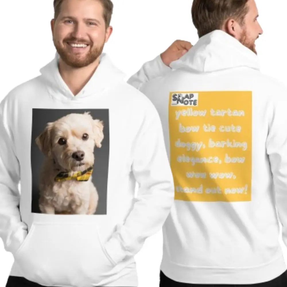 Man supermodel wearing Hoodie Hooded Sweatshirt Hooded Jersey Hooded Jumper Hooded Pullover Hooded Sweater Men Women Teens Unisex - animal pet elegant doggy yellow pattern - White - 74.90 - SnapNote streetwear