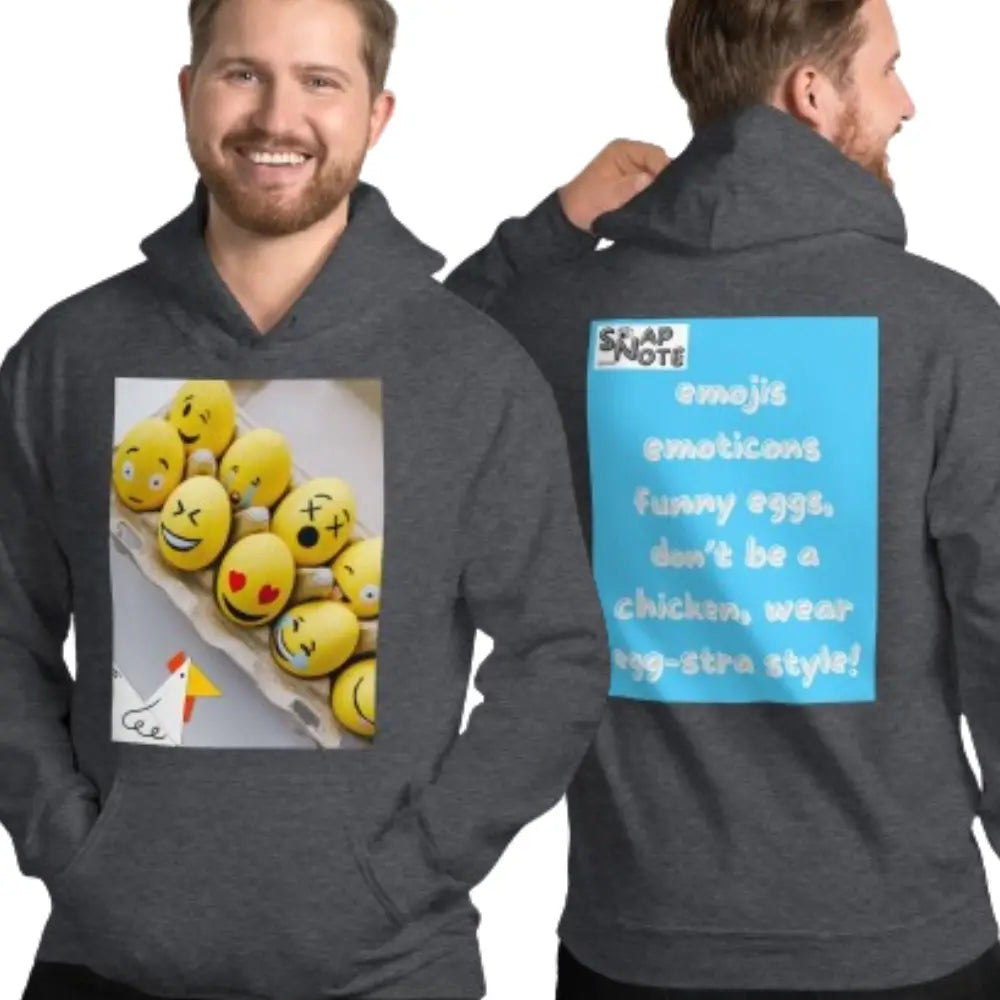 Man supermodel wearing Hoodie Hooded Sweatshirt Hooded Jersey Hooded Jumper Hooded Pullover Hooded Sweater Men Women Teens Unisex - emoji emoticon eggs chicken blue pattern - Dark-Heather - 74.90 - SnapNote streetwear