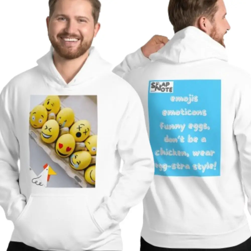 Man supermodel wearing Hoodie Hooded Sweatshirt Hooded Jersey Hooded Jumper Hooded Pullover Hooded Sweater Men Women Teens Unisex - emoji emoticon eggs chicken blue pattern - White - 74.90 - SnapNote streetwear