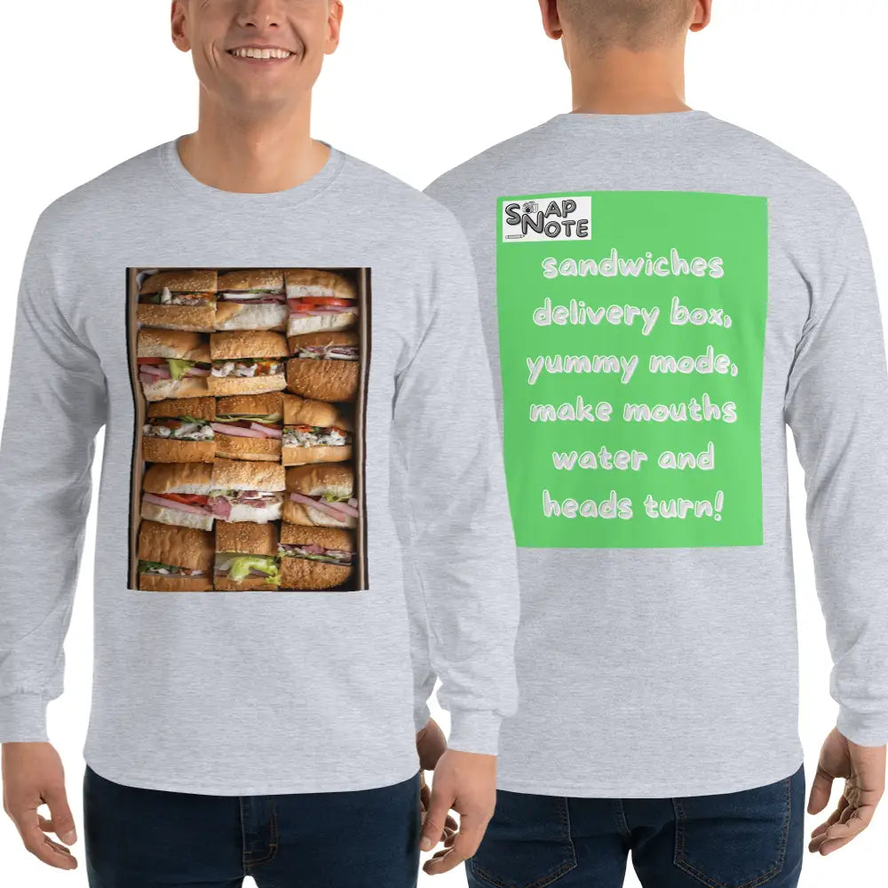 Man supermodel wearing T-Shirt TShirt T Shirt Tee Men Women Teens Unisex Long Sleeves Heavy Cotton Crew Neck - fast-food delivery box sandwiches green pattern - Sport-Grey - 44.90 - SnapNote streetwear