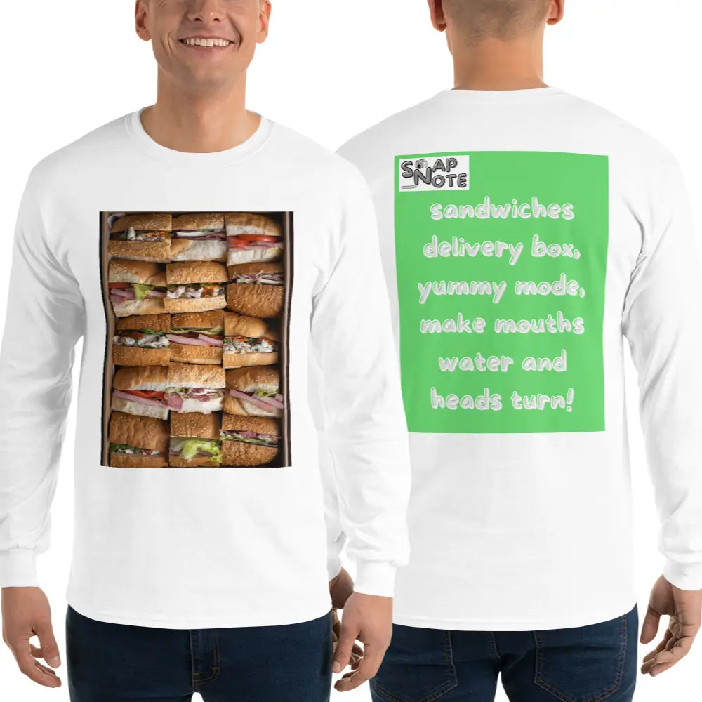 Man supermodel wearing T-Shirt TShirt T Shirt Tee Men Women Teens Unisex Long Sleeves Heavy Cotton Crew Neck - fast-food delivery box sandwiches green pattern - White - 44.90 - SnapNote streetwear