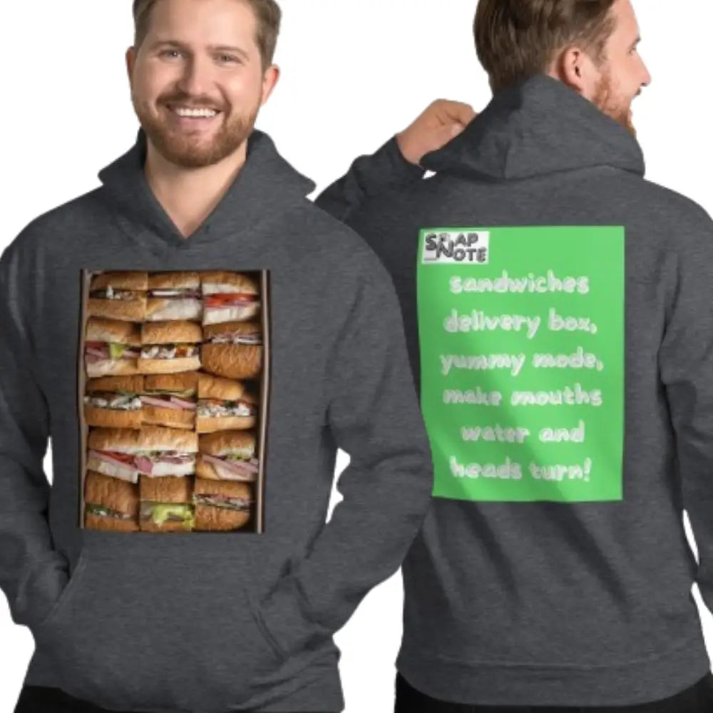 Man supermodel wearing Hoodie Hooded Sweatshirt Hooded Jersey Hooded Jumper Hooded Pullover Hooded Sweater Men Women Teens - fast-food delivery box sandwiches green pattern - Dark-Heather - 74.90 - SnapNote streetwear