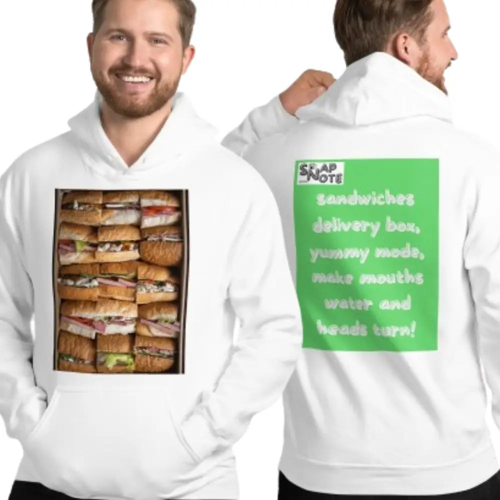 Man supermodel wearing Hoodie Hooded Sweatshirt Hooded Jersey Hooded Jumper Hooded Pullover Hooded Sweater Men Women Teens - fast-food delivery box sandwiches green pattern - White - 74.90 - SnapNote streetwear