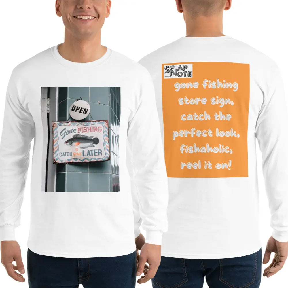 Man supermodel wearing T-Shirt TShirt T Shirt Tee Men Women Teens Unisex Long Sleeves Heavy Cotton Crew Neck - outdoor hobby fishing store orange pattern - White - 44.90 - SnapNote streetwear