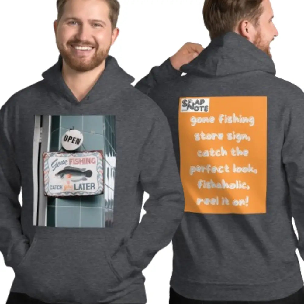 Man supermodel wearing Hoodie Hooded Sweatshirt Hooded Jersey Hooded Jumper Hooded Pullover Hooded Sweater Men Women Teens - outdoor hobby fishing store orange pattern - Dark-Heather - 74.90 - SnapNote streetwear