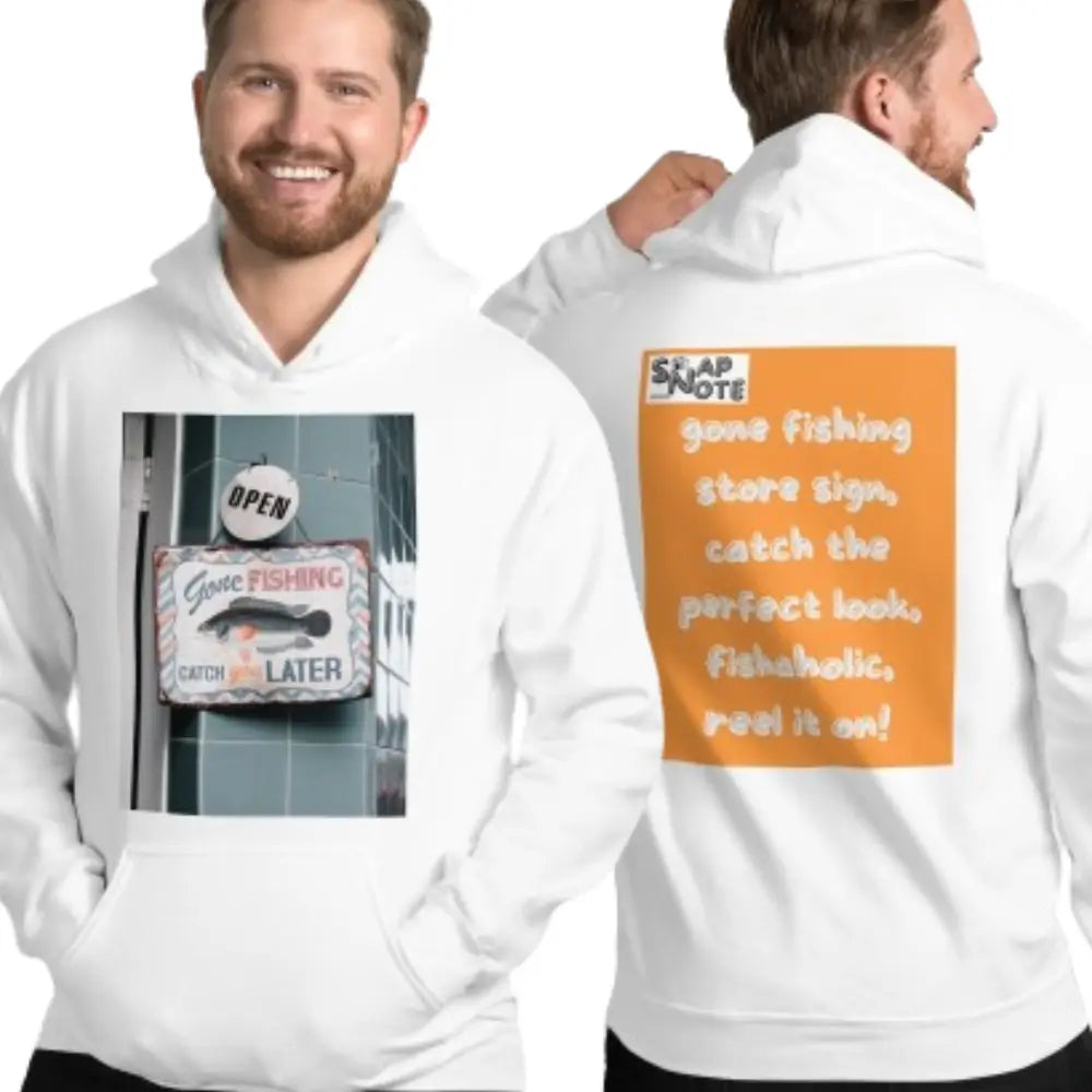 Man supermodel wearing Hoodie Hooded Sweatshirt Hooded Jersey Hooded Jumper Hooded Pullover Hooded Sweater Men Women Teens - outdoor hobby fishing store orange pattern - White - 74.90 - SnapNote streetwear