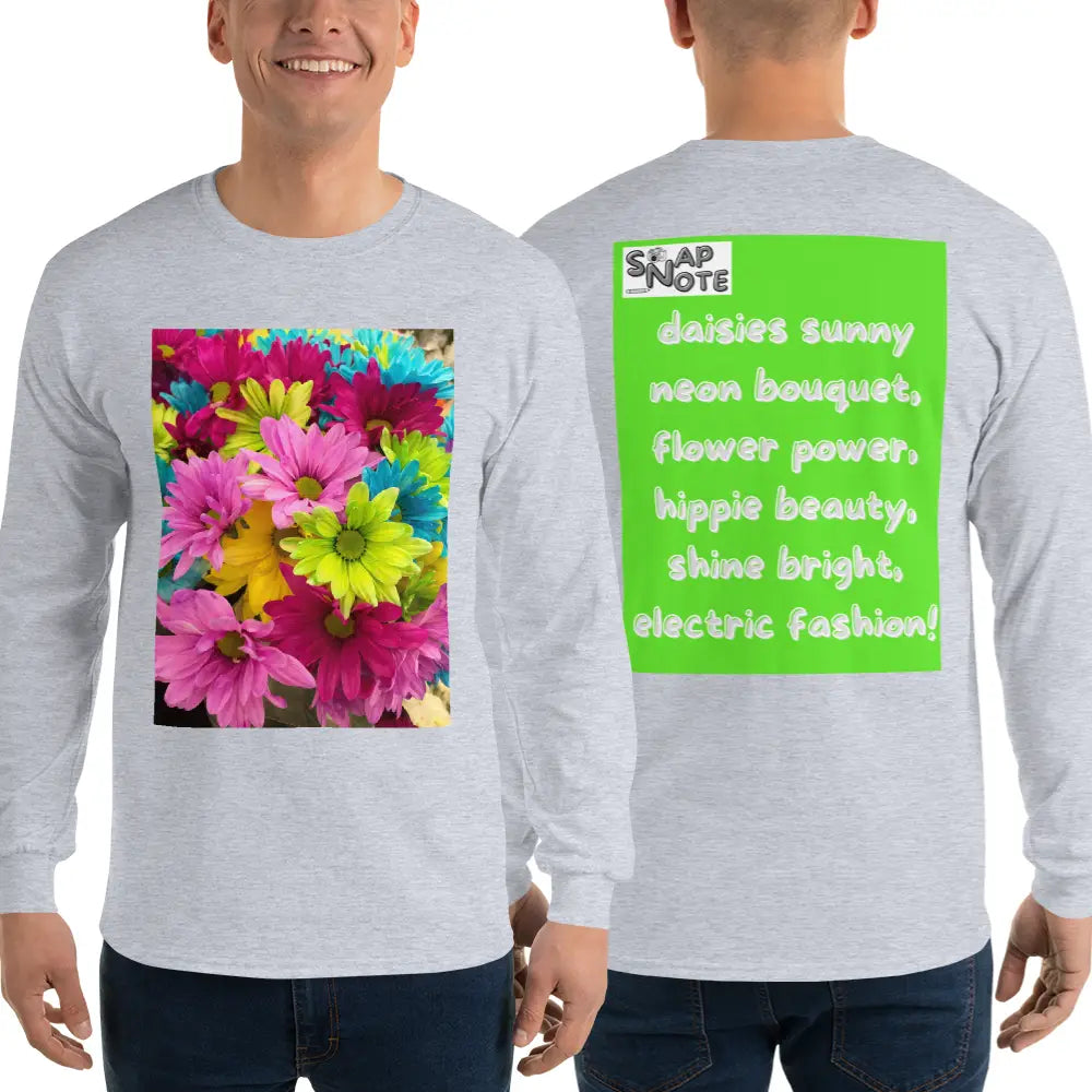 Man supermodel wearing T-Shirt TShirt T Shirt Tee Men Women Teens Unisex Long Sleeves Heavy Cotton Crew Neck - hippie chic flowers bouquet green pattern - Sport-Grey - 44.90 - SnapNote streetwear