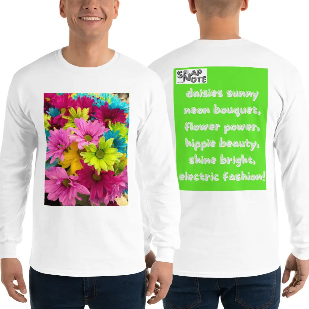 Man supermodel wearing T-Shirt TShirt T Shirt Tee Men Women Teens Unisex Long Sleeves Heavy Cotton Crew Neck - hippie chic flowers bouquet green pattern - White - 44.90 - SnapNote streetwear