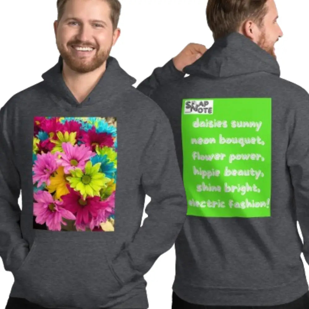 Man supermodel wearing Hoodie Hooded Sweatshirt Hooded Jersey Hooded Jumper Hooded Pullover Hooded Sweater Men Women Teens Unisex - hippie chic flowers bouquet green pattern - Dark-Heather - 74.90 - SnapNote streetwear