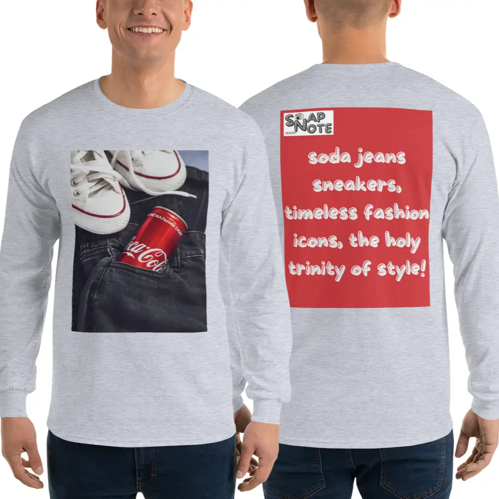 Man supermodel wearing T-Shirt TShirt T Shirt Tee Men Women Teens Unisex Long Sleeves Heavy Cotton Crew Neck - iconic soda jeans sneakers red pattern - Sport-Grey - 44.90 - SnapNote streetwear