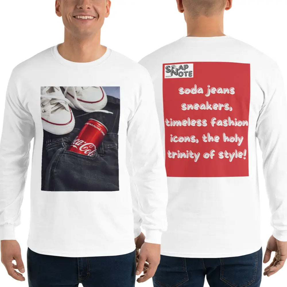 Man supermodel wearing T-Shirt TShirt T Shirt Tee Men Women Teens Unisex Long Sleeves Heavy Cotton Crew Neck - iconic soda jeans sneakers red pattern - White - 44.90 - SnapNote streetwear