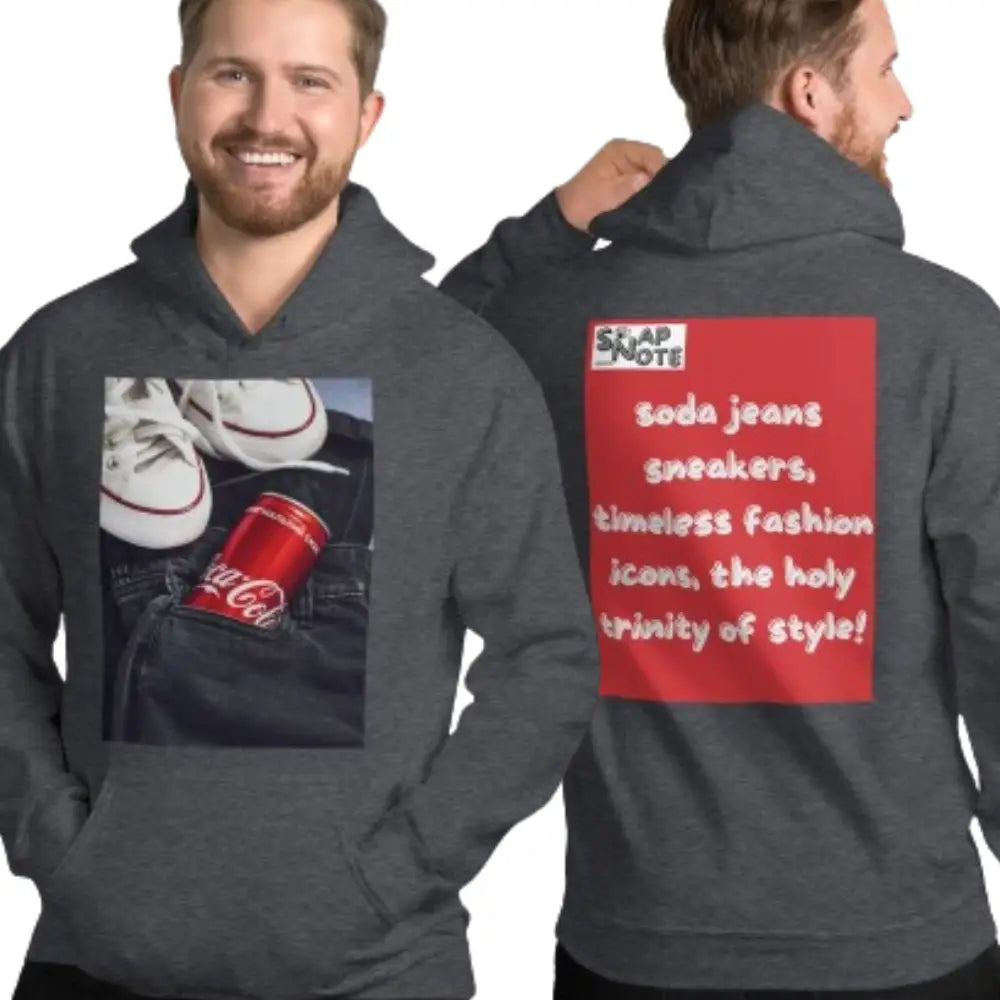 Man supermodel wearing Hoodie Hooded Sweatshirt Hooded Jersey Hooded Jumper Hooded Pullover Hooded Sweater Men Women Teens Unisex - iconic soda jeans sneakers red pattern - Dark-Heather - 74.90 - SnapNote streetwear