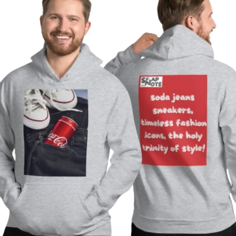 Man supermodel wearing Hoodie Hooded Sweatshirt Hooded Jersey Hooded Jumper Hooded Pullover Hooded Sweater Men Women Teens Unisex - iconic soda jeans sneakers red pattern - Sport-Grey - 74.90 - SnapNote streetwear