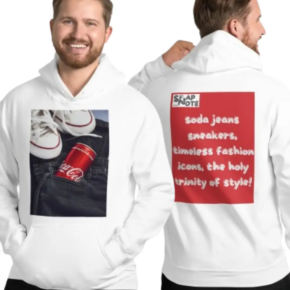 Man supermodel wearing Hoodie Hooded Sweatshirt Hooded Jersey Hooded Jumper Hooded Pullover Hooded Sweater Men Women Teens Unisex - iconic soda jeans sneakers red pattern - White - 74.90 - SnapNote streetwear