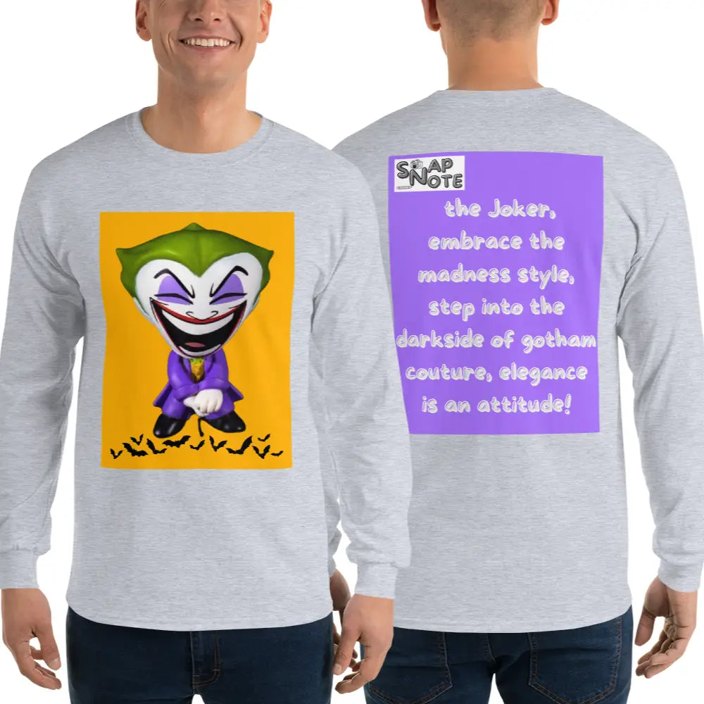 Man supermodel wearing T-Shirt TShirt T Shirt Tee Men Women Teens Unisex Long Sleeves Heavy Cotton Crew Neck - comics superhero joker bats purple pattern - Sport-Grey - 44.90 - SnapNote streetwear