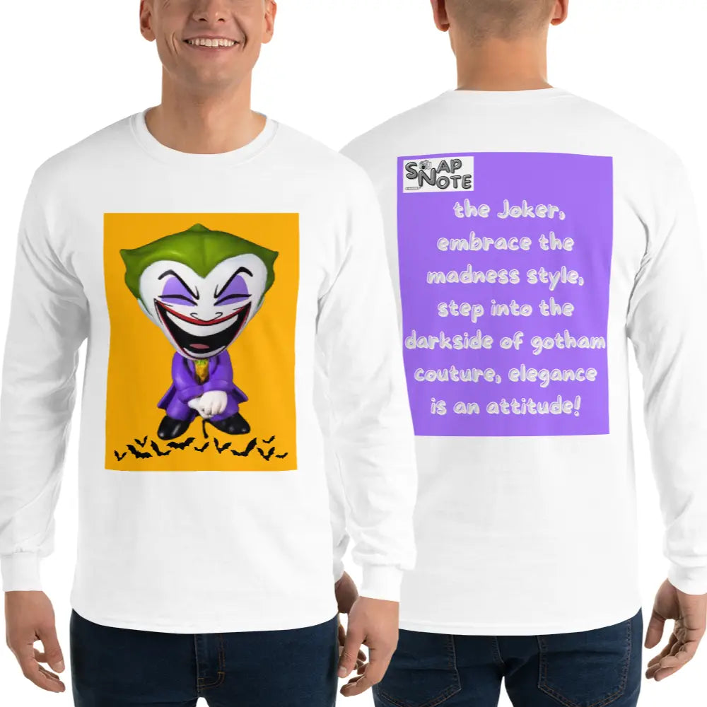 Man supermodel wearing T-Shirt TShirt T Shirt Tee Men Women Teens Unisex Long Sleeves Heavy Cotton Crew Neck - comics superhero joker bats purple pattern - White - 44.90 - SnapNote streetwear