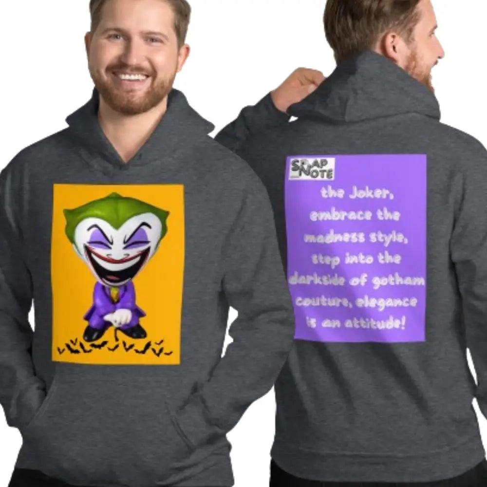 Man supermodel wearing Hoodie Hooded Sweatshirt Hooded Jersey Hooded Jumper Hooded Pullover Hooded Sweater Men Women Teens Unisex - comics joker madness bats purple pattern - Dark-Heather - 74.90 - SnapNote streetwear