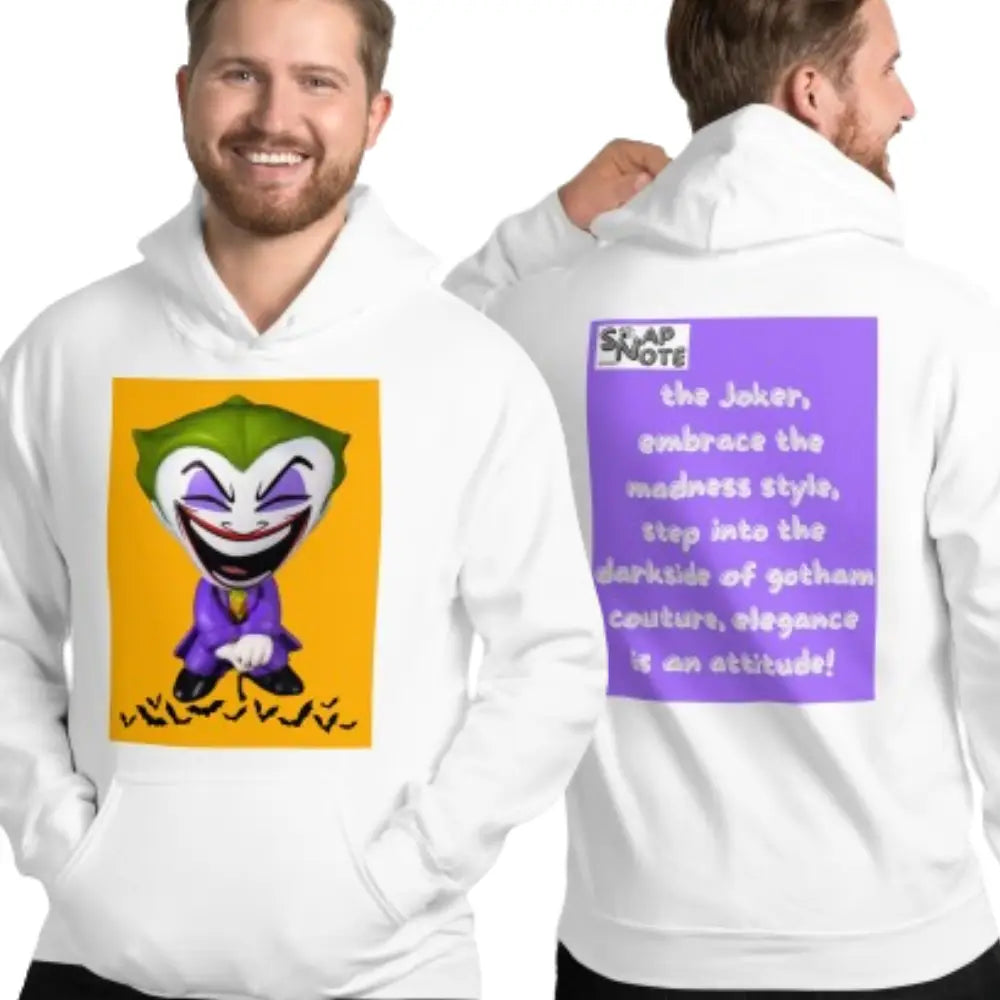 Man supermodel wearing Hoodie Hooded Sweatshirt Hooded Jersey Hooded Jumper Hooded Pullover Hooded Sweater Men Women Teens Unisex - comics joker madness bats purple pattern - White - 74.90 - SnapNote streetwear