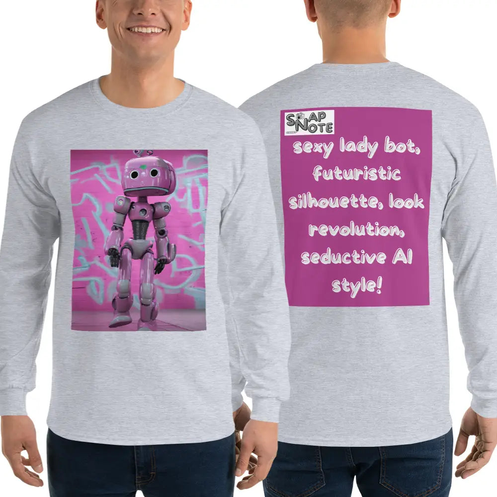 Man supermodel wearing T-Shirt TShirt T Shirt Tee Men Women Teens Unisex Long Sleeves Heavy Cotton Crew Neck - lady robot artificial intelligence pink pattern - Sport-Grey - 44.90 - SnapNote streetwear