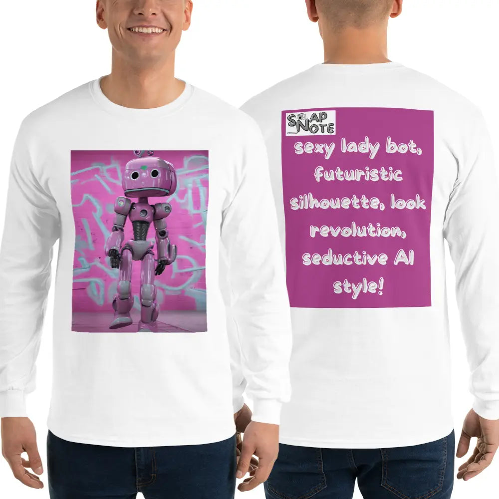 Man supermodel wearing T-Shirt TShirt T Shirt Tee Men Women Teens Unisex Long Sleeves Heavy Cotton Crew Neck - lady robot artificial intelligence pink pattern - White - 44.90 - SnapNote streetwear