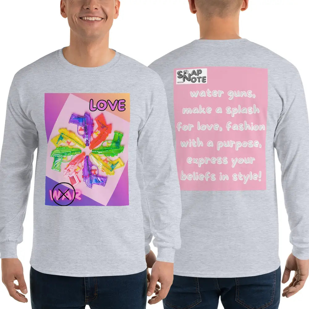 Man supermodel wearing T-Shirt TShirt T Shirt Tee Men Women Teens Unisex Long Sleeves Heavy Cotton Crew Neck - love not war watergun peace pink pattern - Sport-Grey - 44.90 - SnapNote streetwear