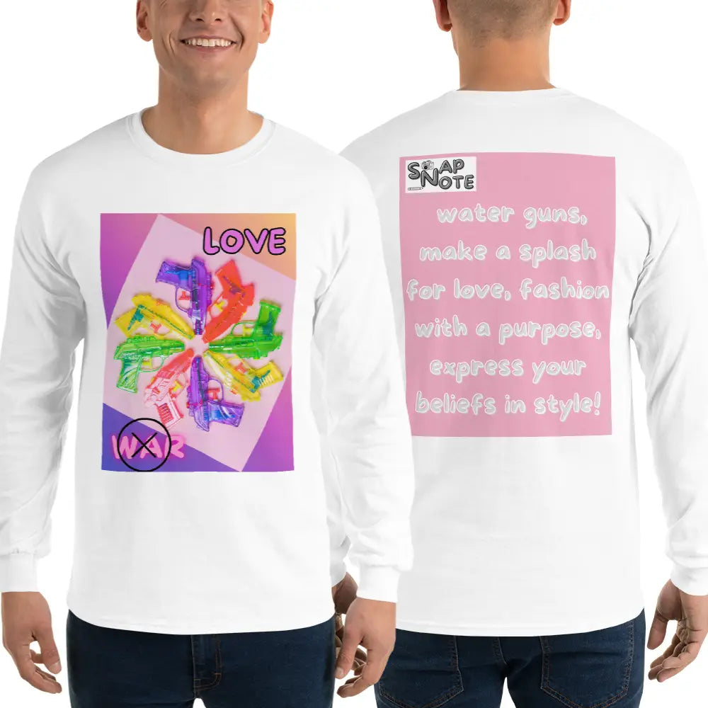 Man supermodel wearing T-Shirt TShirt T Shirt Tee Men Women Teens Unisex Long Sleeves Heavy Cotton Crew Neck - love not war watergun peace pink pattern - White - 44.90 - SnapNote streetwear