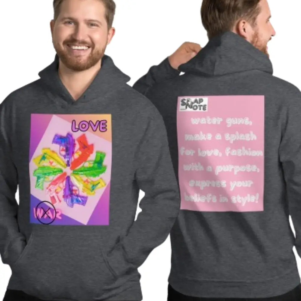 Man supermodel wearing Hoodie Hooded Sweatshirt Hooded Jersey Hooded Jumper Hooded Pullover Hooded Sweater Men Women Teens Unisex - love not war watergun peace pink pattern - Dark-Heather - 74.90 - SnapNote streetwear