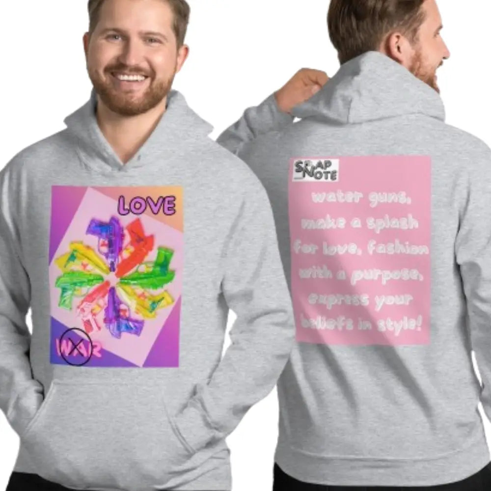 Man supermodel wearing Hoodie Hooded Sweatshirt Hooded Jersey Hooded Jumper Hooded Pullover Hooded Sweater Men Women Teens Unisex - love not war watergun peace pink pattern - Sport-Grey - 74.90 - SnapNote streetwear