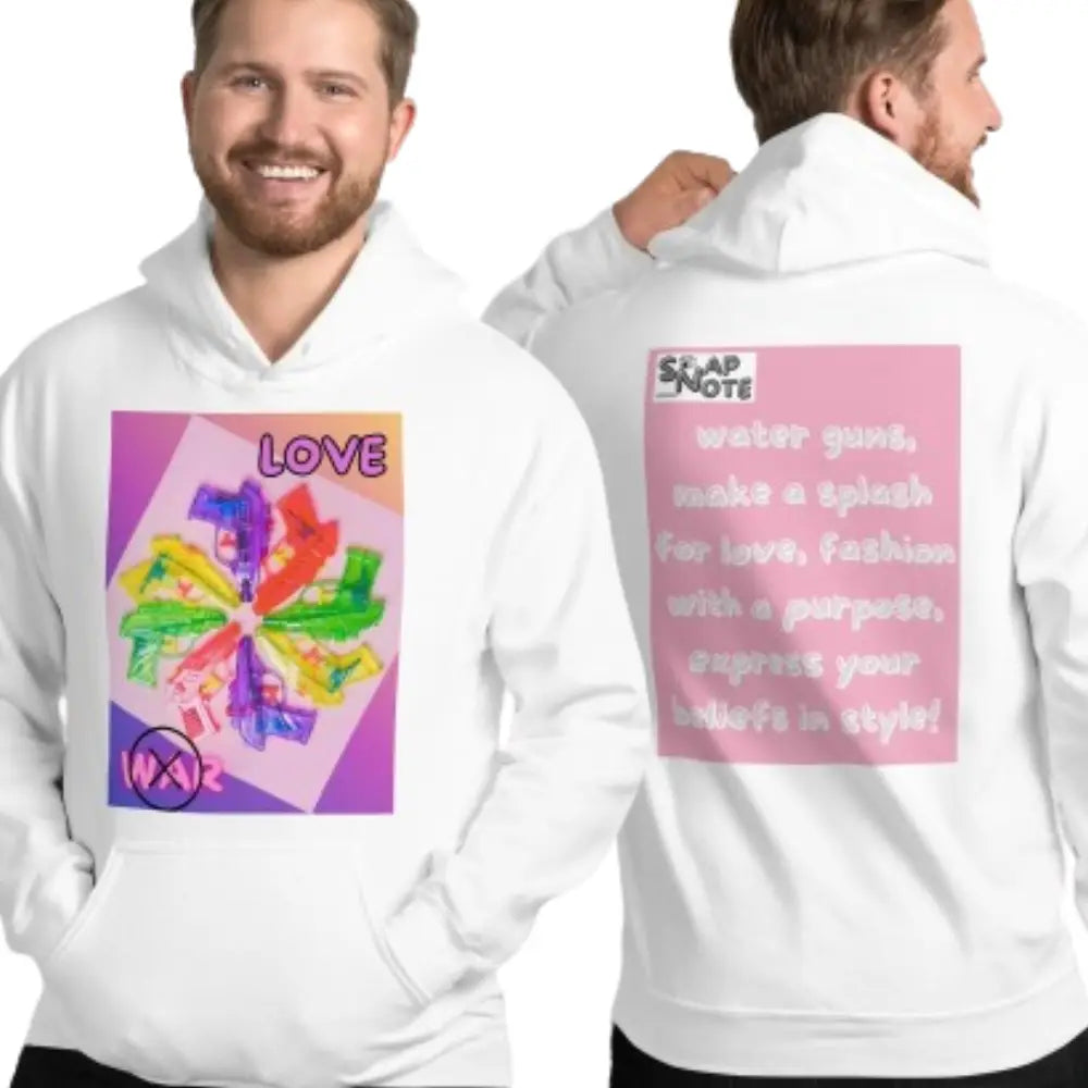 Man supermodel wearing Hoodie Hooded Sweatshirt Hooded Jersey Hooded Jumper Hooded Pullover Hooded Sweater Men Women Teens Unisex - love not war watergun peace pink pattern - White - 74.90 - SnapNote streetwear