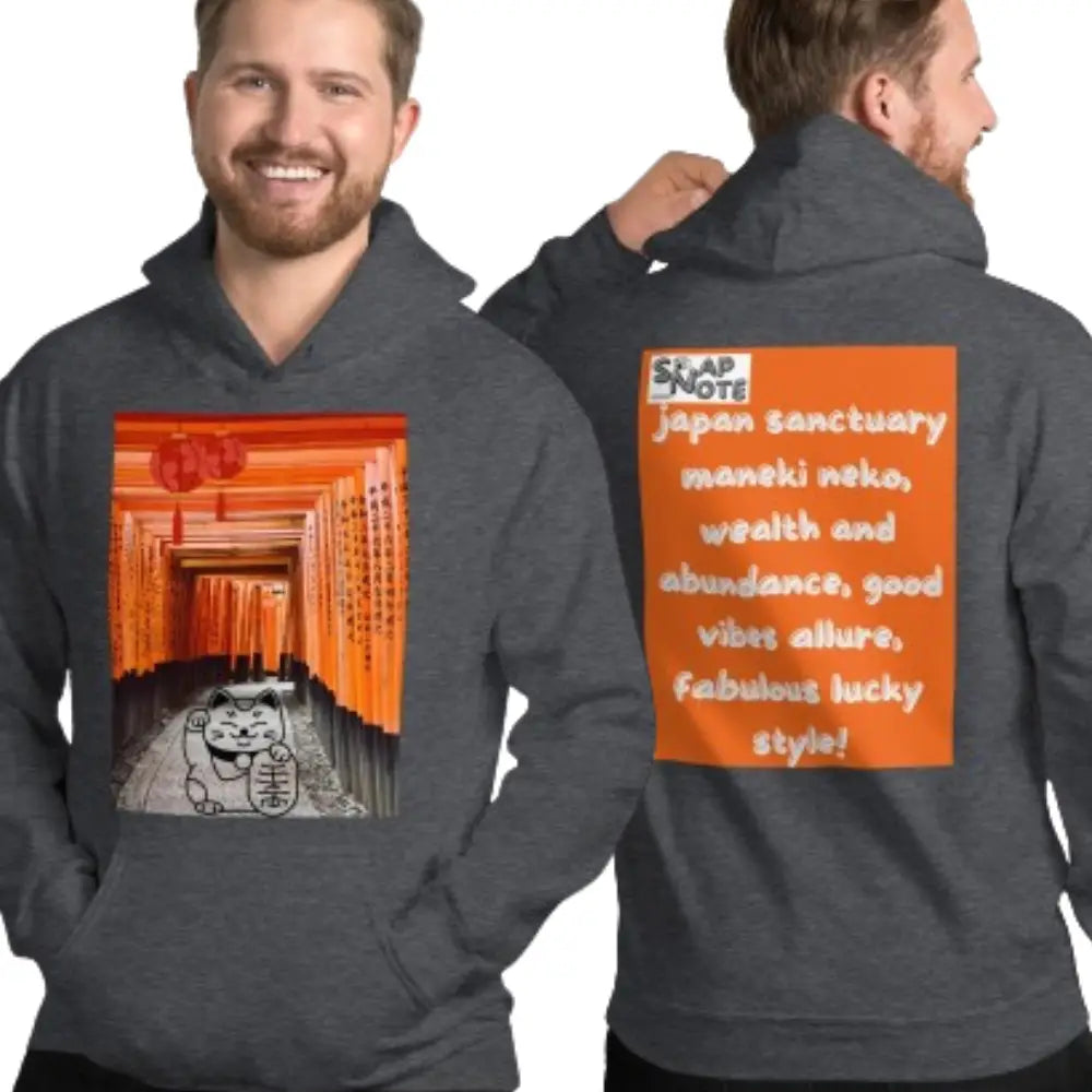 Man supermodel wearing Hoodie Hooded Sweatshirt Hooded Jersey Hooded Jumper Hooded Pullover Hooded Sweater Men Women Teens - maneki neko sanctuary japan orange pattern - Dark-Heather - 74.90 - SnapNote streetwear